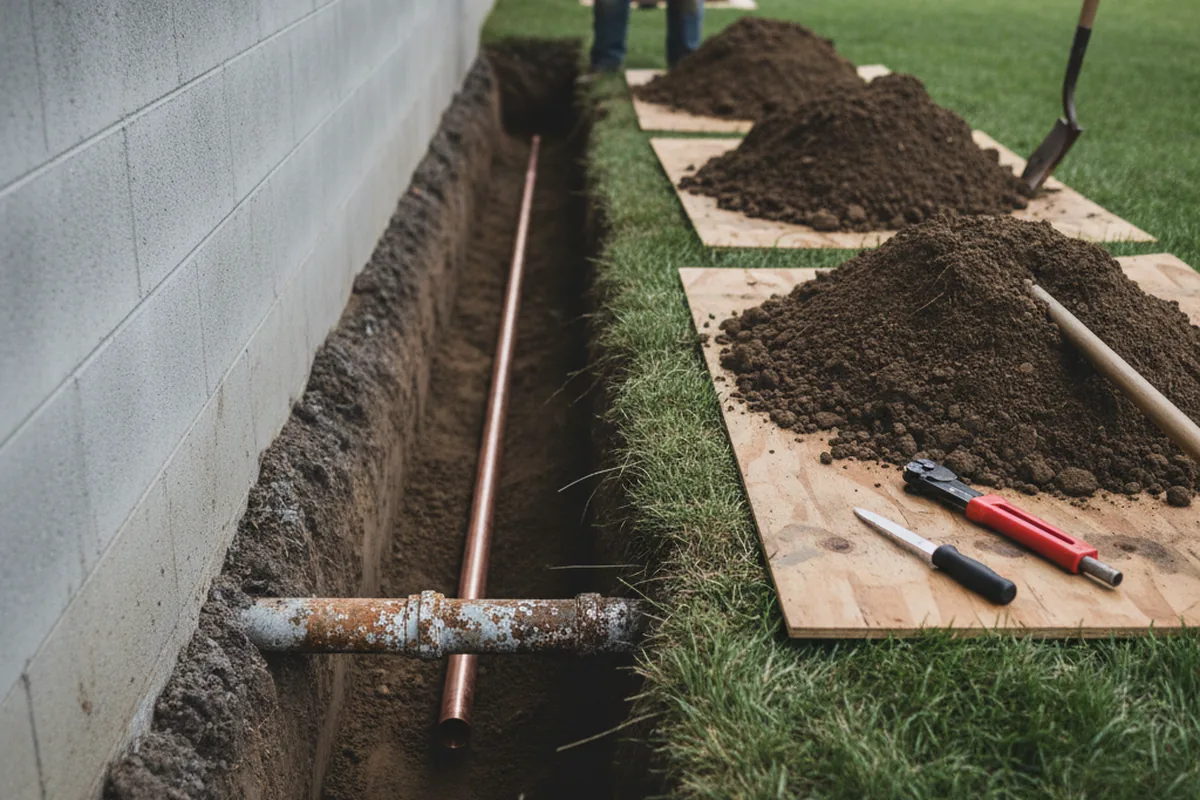 Excavated water line trench during Water Softener Installation in Chavies